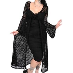 FOXBLOOD Miss Spider sheer duster, crochet , lace up front , bell sleeves, XS
